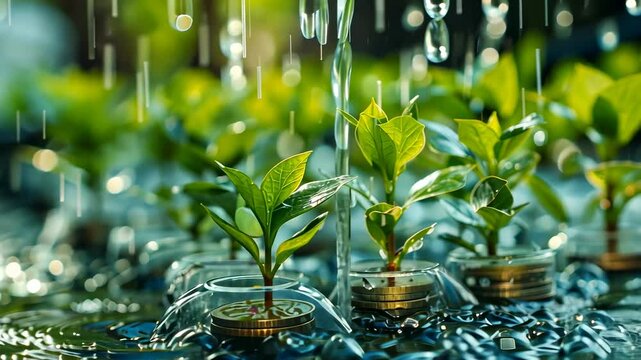Financial Growth and Sustainability: Saplings flourishing amidst coins under rainfall, symbolizing investment in eco-friendly ventures and sustainable development.