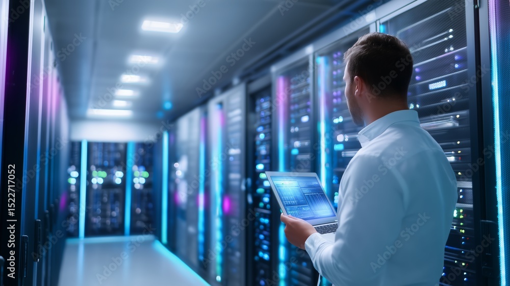 Aufkleber technician monitors data servers in a modern data center during evening hours