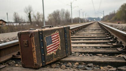 Vintage suitcase on railroad tracks usa travel photography urban environment ground level perspective nostalgia and adventure
