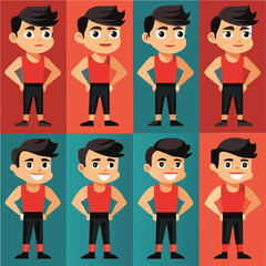 Eight illustrations of a young male athlete in a red tank top and black pants