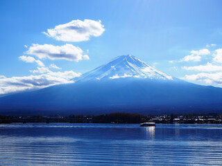 Sunny day view of Mount Fuji from the lakefront, Japan