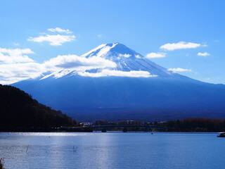 Sunny day view of Mount Fuji from the lakefront, Japan
