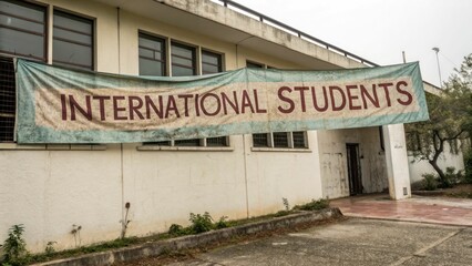 Obraz premium International students welcome banner university campus educational content urban environment outdoor viewpoint community focus