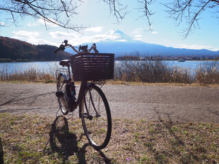 Cycling around Lake Kawaguchiko on a sunny day, Japan