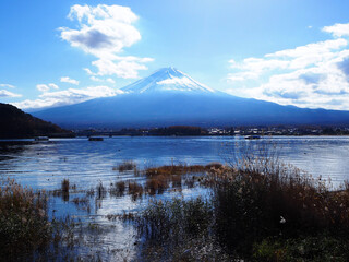 Sunny day view of Mount Fuji from the lakefront, Japan