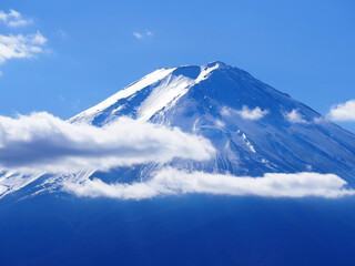 Snow-covered slopes of Mount Fuji on a clear sunny day