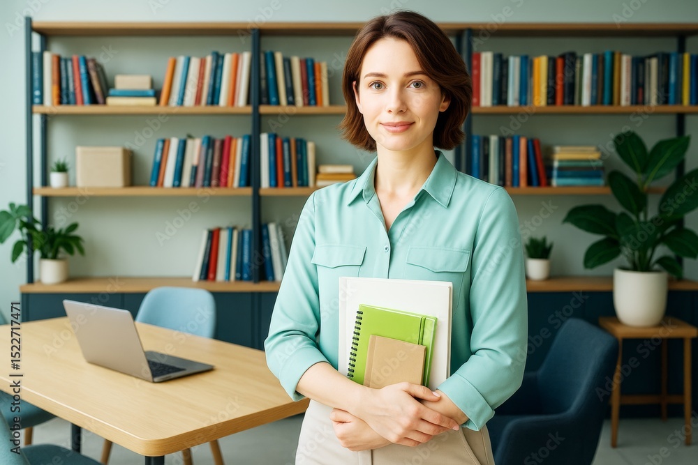 Poster confident young woman in modern office with books and notebooks, standing in front of bookshelf in l