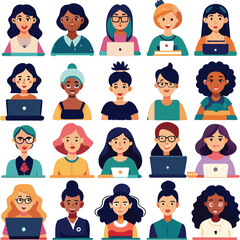 Diverse group of women working on laptops a collection of flat style illustrations