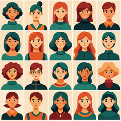 Collection of diverse cartoon portraits twenty four unique individuals with varied hairstyles and attire