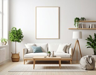 Bright living room with blank frame sofa plants and natural light
