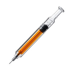 Naklejka premium Medical syringe containing amber liquid on black background Glass science on transparent background