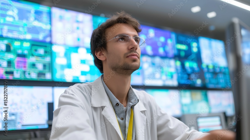 Aufkleber individual in a lab coat analyzes data on multiple screens in a modern control room environment