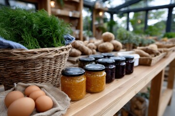A charming farm stand displays fresh produce, homemade jars, and eggs, capturing the essence of rural life and the connection between farmers and consumers.