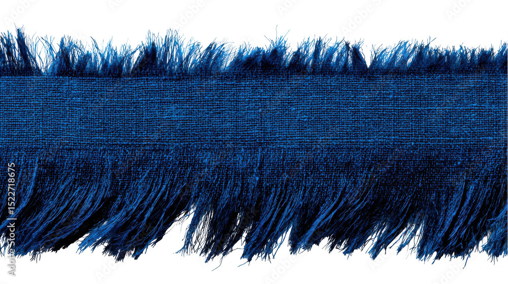 Poster deep blue fabric edge with fringes isolated on transparent background, creating a textured and decor