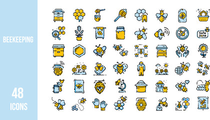 Colorful collection of 48 beekeeping icons including bees, hives, honey jars, flowers, tools, safety, and eco-themed symbols. 