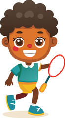 Joyful young black boy playing badminton cartoon illustration