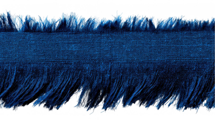 Deep blue fabric edge with fringes isolated on transparent background, creating a textured and decorative border, ideal for design projects requiring a touch of handcrafted elegance