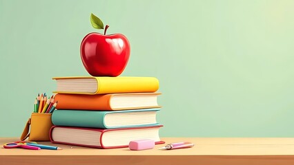 Stack of colorful school books with red apple on top, pencil holder filled with pencils and scissors, erasers on wooden desk, pastel green background, back-to-school scene