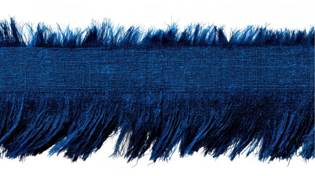 Deep blue fabric edge with fringes isolated on transparent background, creating a textured and decorative border, ideal for design projects requiring a touch of handcrafted elegance