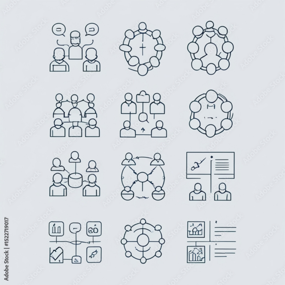 Poster illustration showing various business and organizational structure and communication concepts ideas 
