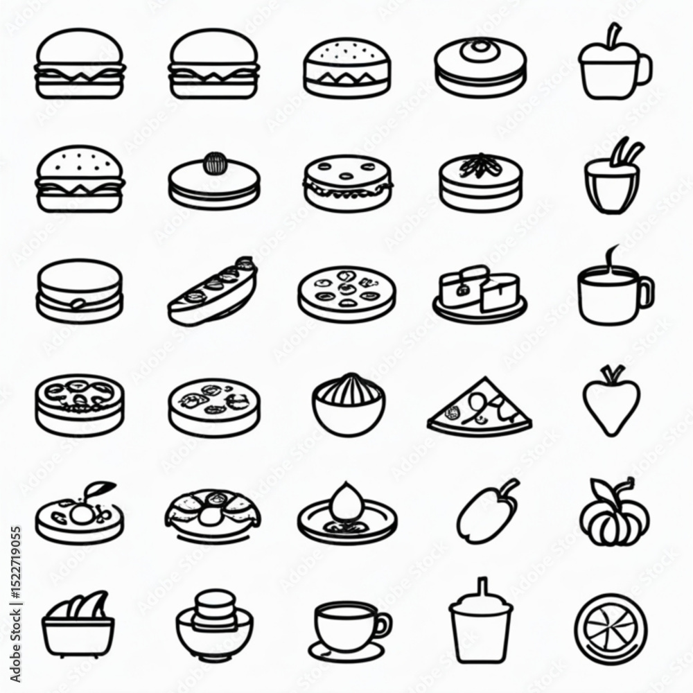 Poster collection of various food and drink items represented as simple black and white line drawings on wh