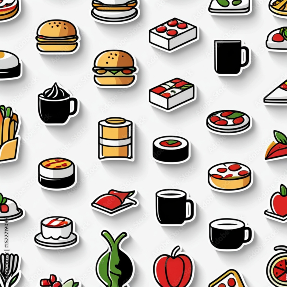 Poster a variety of food and drink icons arranged in a pattern on a white background with soft shadows crea