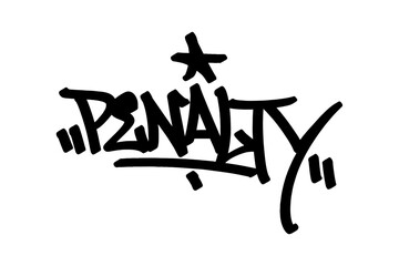 Graffiti tag “Penalty” in bold black vector style. Urban street art capturing the intense soccer moment with dynamic, edgy lettering—perfect for sports themes, youth culture, and digital designs.