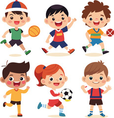 Happy diverse children playing sports a colorful illustration of kids engaging in active play