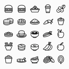 Collection of twenty four food icons including burgers dessert fish and various fruits in black outline created with generated ai