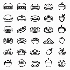 Collection of various food and drink items represented as simple black and white line drawings on white background created with generated ai