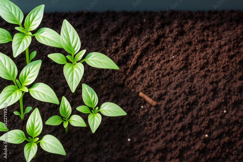 Poster young green plants growing in rich dark soil with soft lighting and empty space on the right side fo
