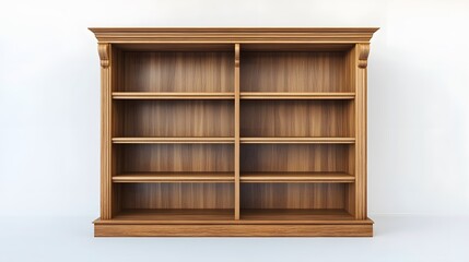 A light brown wooden bookshelf with six shelves symmetrically arranged against a white background wall