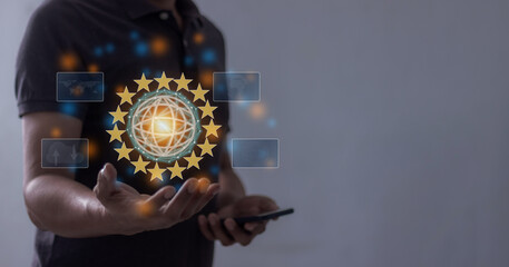 Young man hand holding to Interconnect, Interconnected Concept; People connect via wireless internet in a world of digital technology and communications that connect freely around the world