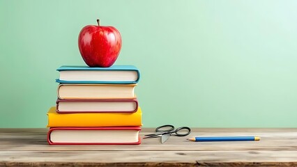 Stack of colorful school books with red apple on top, pencil holder filled with pencils and scissors, erasers on wooden desk, pastel green background, back-to-school scene