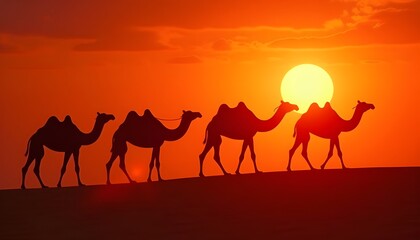 Desert Camel Caravans at Sunset