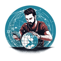 Professional Vector Illustration of Man Connecting with Globe Technology Cut Lines for Business Presentations