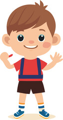A cheerful cartoon boy with brown hair wearing a red shirt and dark shorts