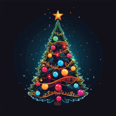 Festive Merry Christmas Card with Neon Lights Vector Illustration for Holidays