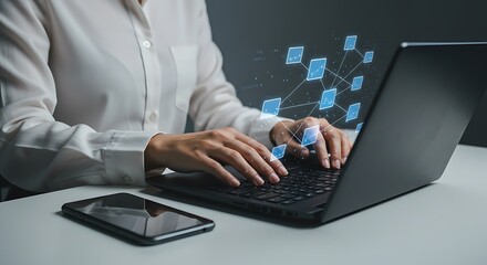 Connected City at Night with Social Network Icons Representing Communication and Global Connections in a Digital World