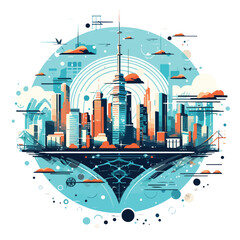 Futuristic Urban Landscape with Wireless Technology in Vector Illustration