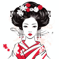 Traditional Japanese Kokeshi Doll and Geisha Decorative Sketch Vector Illustration