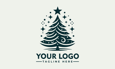 Decorated Christmas tree with star and ornaments, black and white vector illustration, festive holiday season art
