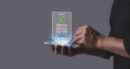 Young Man Hand Using Smartphone For Mobile Payment, Online payment, Digital, and Online shopping, Bank account phone, Mobile banking