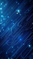 Futuristic AI Chip Security Protection: High-Tech Digital Art with Blue Circuit and Glowing Lines on Blue-Purple Gradient Background