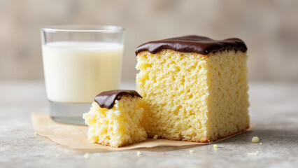 Plain Yellow Sheet Cake Square with Chocolate Fudge Icing + Glass of Buttermilk