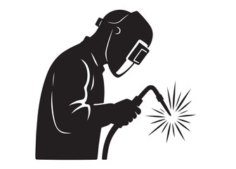welding logo vector silhouette design, welder logo icon silhouette, vector silhouettes of workers welding metal, fabrication work vector silhouette logo design on white background