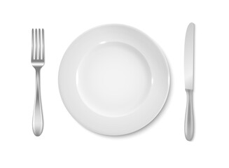 Empty white plate with knife and fork