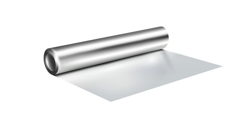 Roll,coil of silver aluminium foil on white background