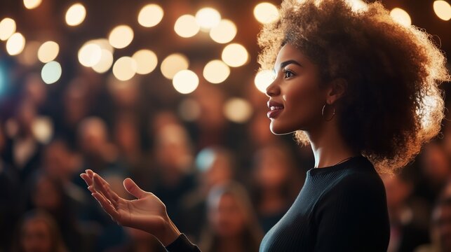 Engaging speaker captivates audience with heartfelt expression during an evening event