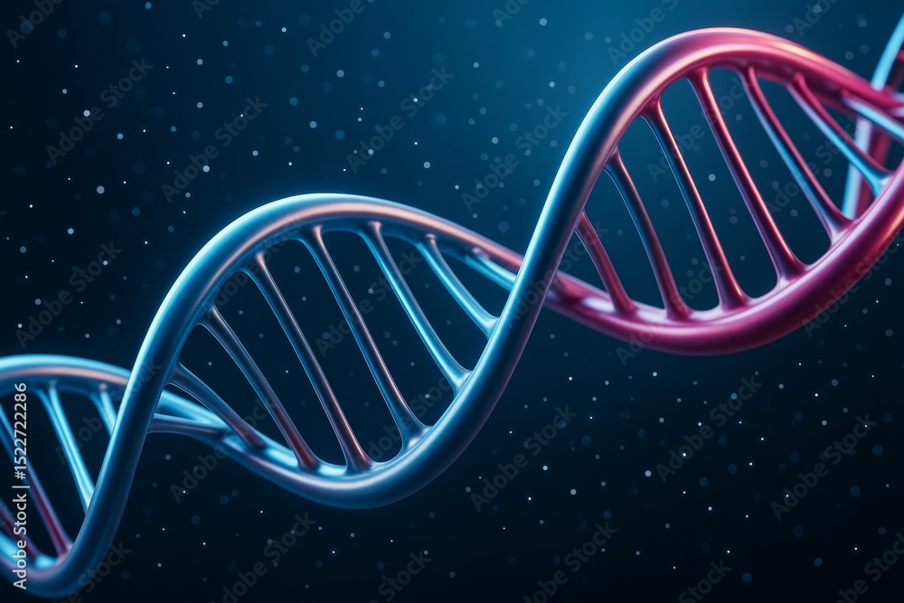 Aufkleber DNA double helix in glowing blue and pink light representing genetic science concept on dark background with particles floating in space.